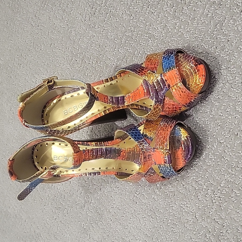 BCBGirls Snake Print Heels Sandals 7.5 Multicolor Stiletto Platform